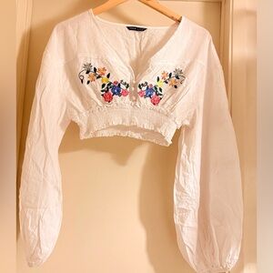 NWOT SHEIN White Crop Blouse with Colorful Floral Embroidery